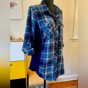 Cisono blue plaid button down shirt; size large